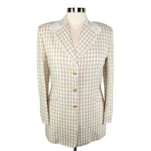 ESCADA 1980s Tan White Check Linen Powersuit Jacket Blazer Size EU 42/US MED